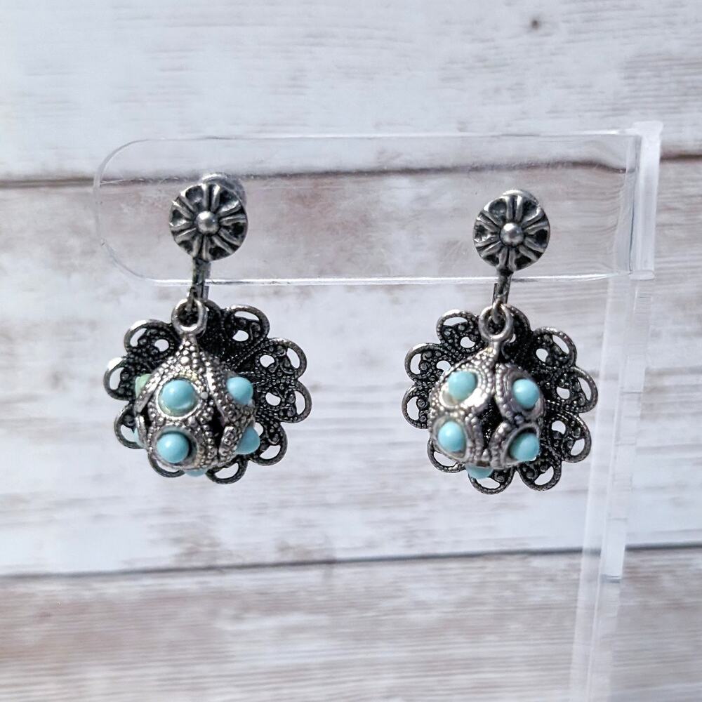 Vintage Screw Back Earrings Dark Silver Tone & Turquoise Tone Dangle
